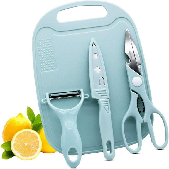 Magicorange 4 Pcs Mini Travel Cutting Board Set, Portable Stainless Steel Camping Picnic Knife with Sheath, Fruits & Vegetable Peeler, Scissors (Blue)