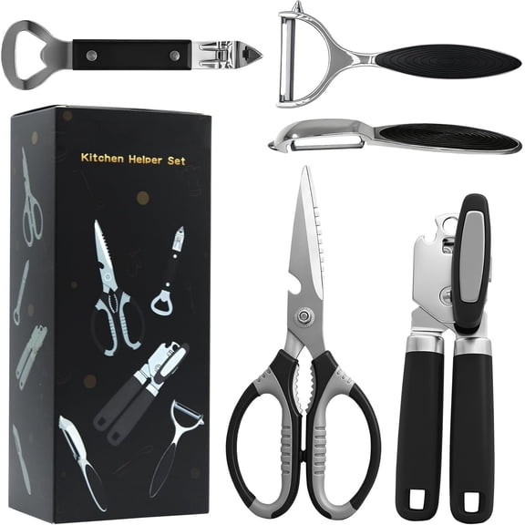 Magicorange 5PCS Stainless Steel Can Opener Set with 1 Bottle Opener 2 Vegetable Peeler 1 Heavy Duty Kitchen Scissors