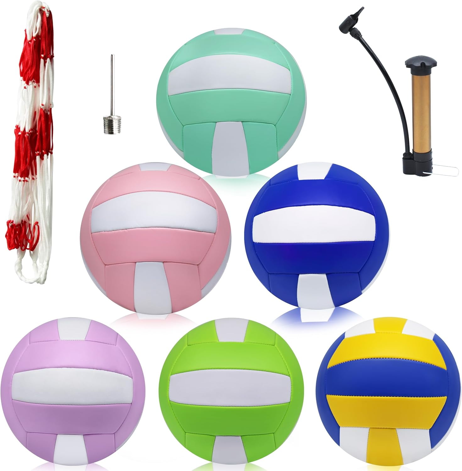 Magicorange 6 Pack Volleyball Ball, Official Size 5 Soft PU Leather Recreational Volleyballs with Pump & Mesh Bag for Beach Play, Game,Gym,Training (Multicolor)