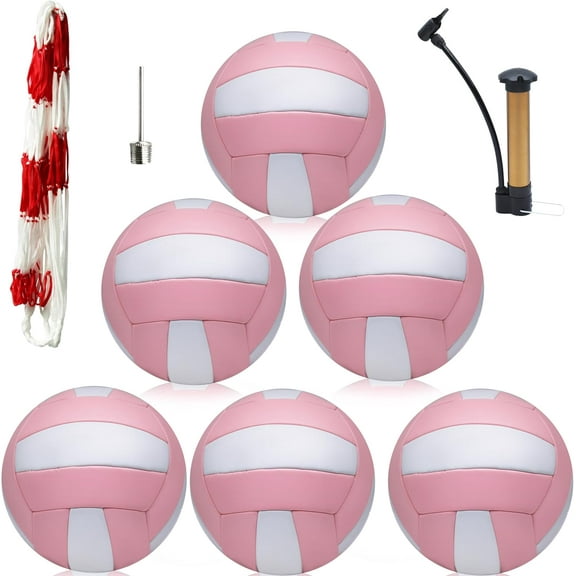 Magicorange 6 Pack Volleyball Ball, Official Size 5 Soft PU Leather Recreational Volleyballs with Pump & Mesh Bag for Beach Play, Game,Gym,Training (Pink)