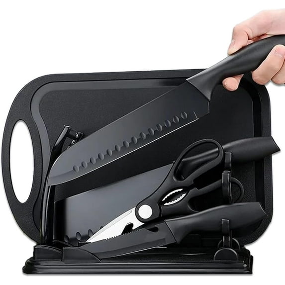 Magicorange 7-Piece Kitchen Knife Set with Cutting Board, Stainless Steel Kitchen Knives with PP Ergonomic Handle (Matte Black)