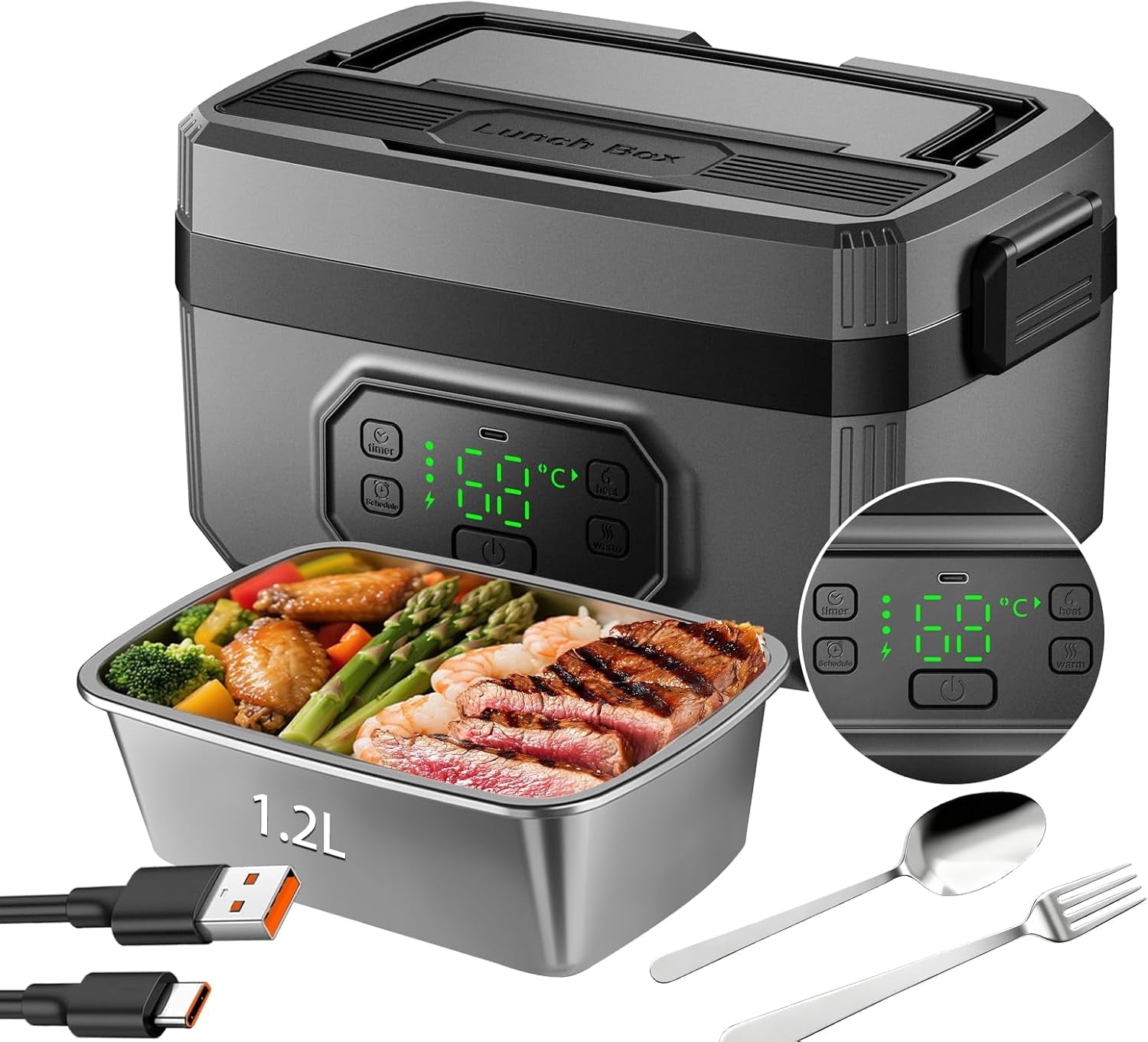 Magicorange Cordless Electric Lunch Box Food Heater, 21000mah Battery Powered Lunch Box, 1.2L Capacity Container for Office, Picnic& Outdoor Use, Black