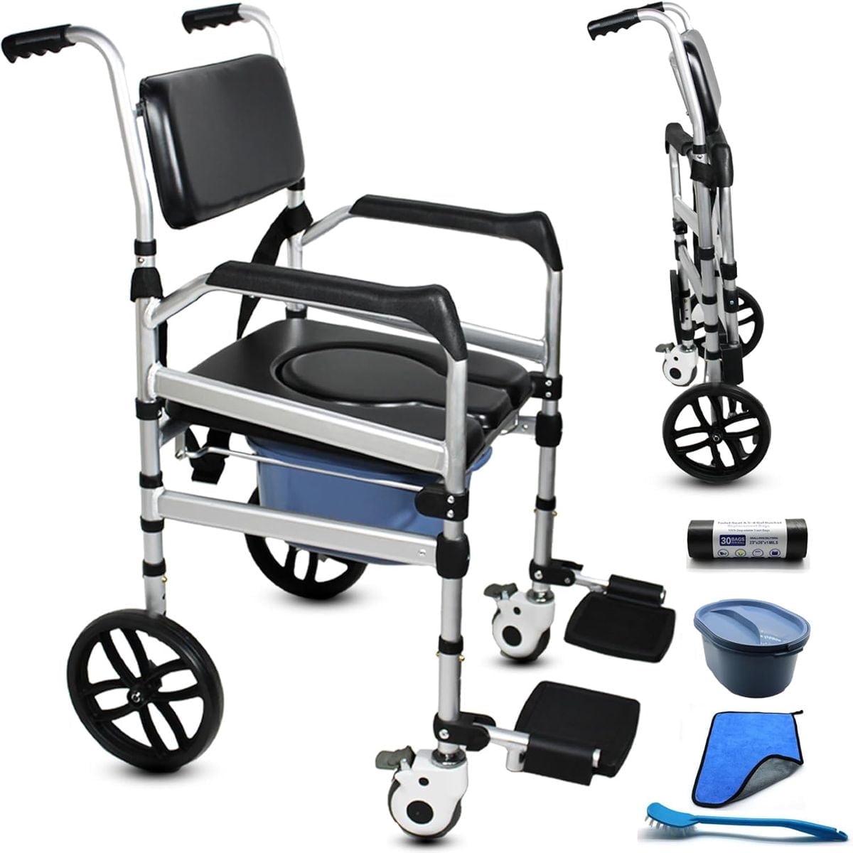 Magicorange Folding Bedside Commode with Bucket & Wheels, 350lbs Load Capacity Padded Mobility Shower Chair with Soft Backrest for Senior & Handicap