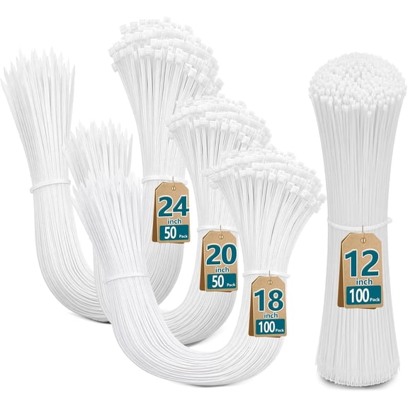 Magicorange Heavy Duty Zip Ties Assorted Sizes 12+18+20+24 Inch, 300 Pack, White