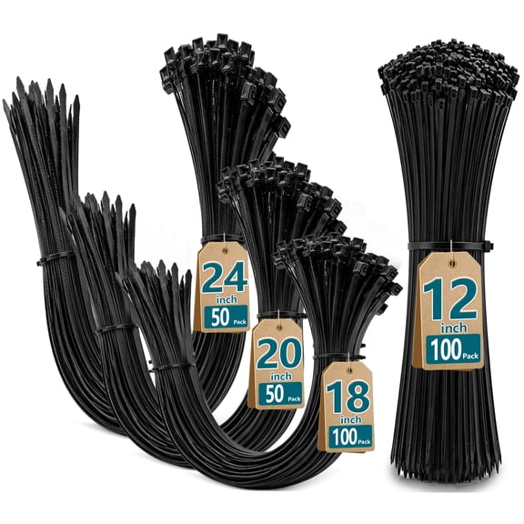 Magicorange Heavy Duty Zip Ties Assorted Sizes 12+18+20+24 Inch, 300 Pack, Black