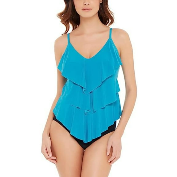 Magicsuit Women's Solid Rita Tired Ruffle Swim Tankini Top-Blue / 8