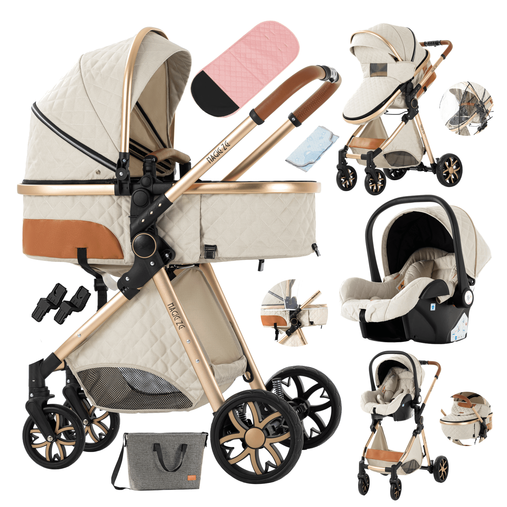 Deluxe 3 in 1 Baby Stroller Travel Systems with Reversible Bassinet Foldable White Walmart