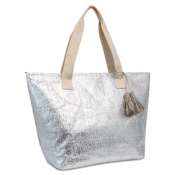 Magid Women's Adult Insulated Beach Tote Bag with Tassel Silver