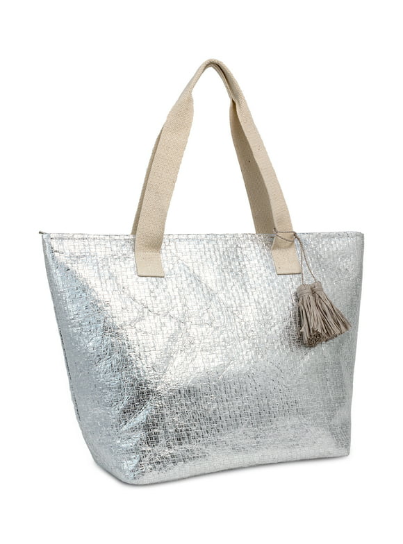Magid Women's Adult Insulated Beach Tote Bag with Tassel Silver