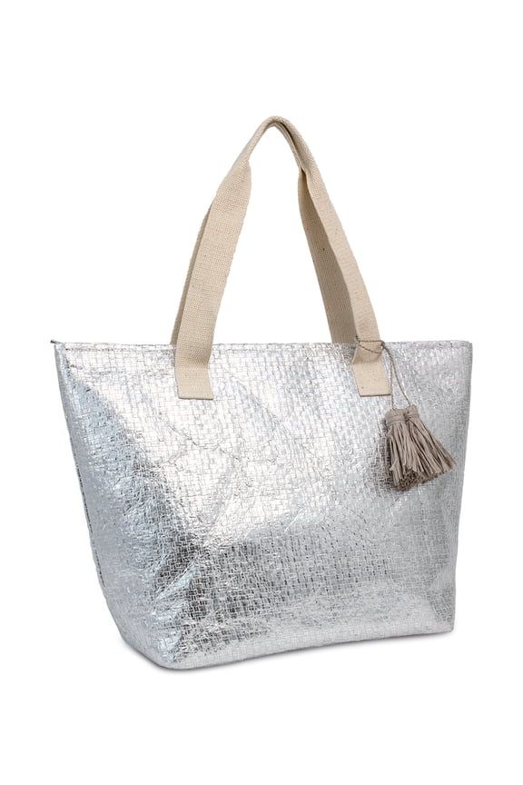 Women's Adult Insulated Beach Tote Bag with Tassel Silver