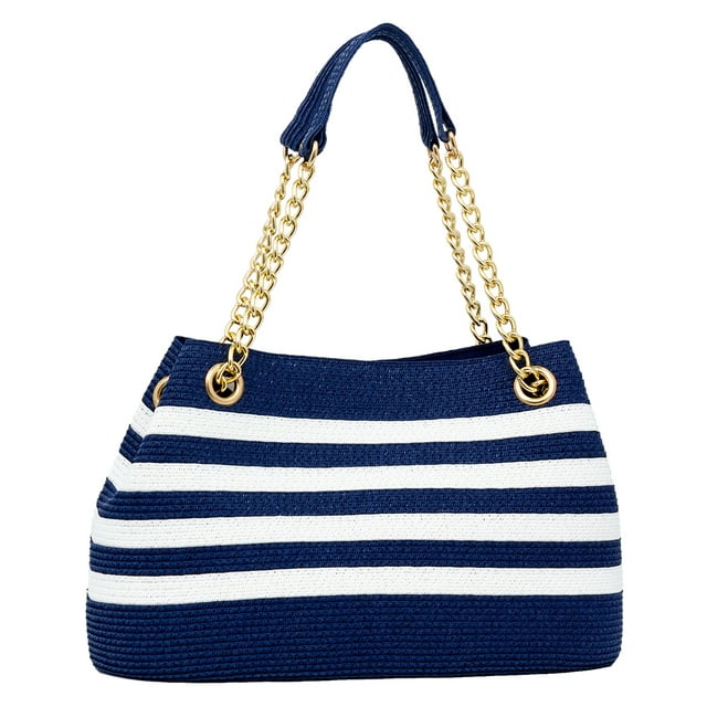Magid Women's Adult Paper Straw Beach Handbag with Gold Chain Navy White