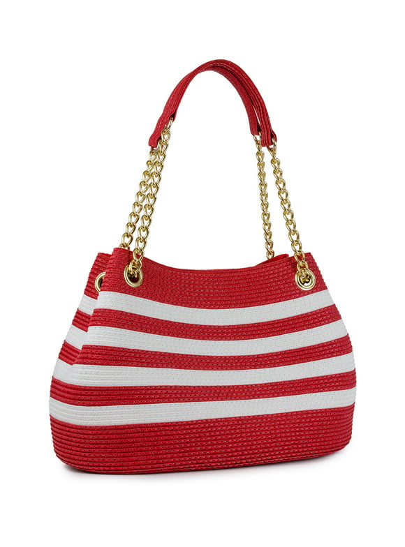 Magid Women's Adult Paper Straw Beach Handbag with Gold Chain Red White