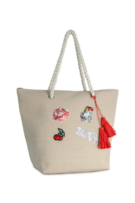 Women's Cotton Beach Tote with Sequin Patches