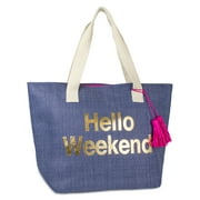 Magid Women's Insulated Paper Straw Hello Weekend Beach Tote Bag with Metallic Writing, Tassel and Flat Handel Denim