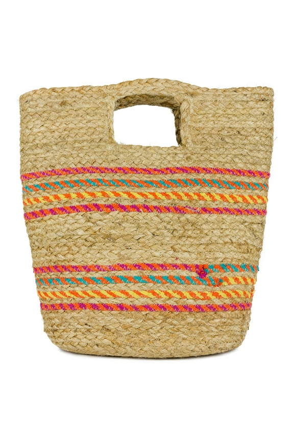 Women's Jute Striped Bucket Bag with Cut Out Handle