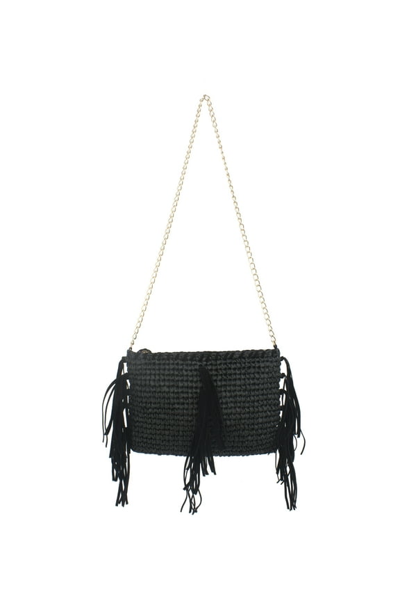Women's Paper Straw Bag with Fringe and Crossbody Chain