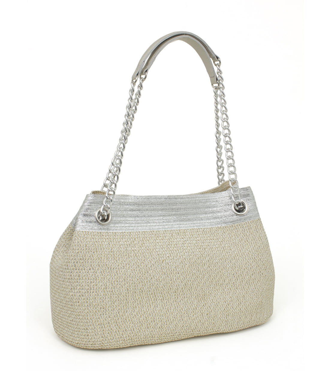 Women's Straw Handbag with Chain Silver
