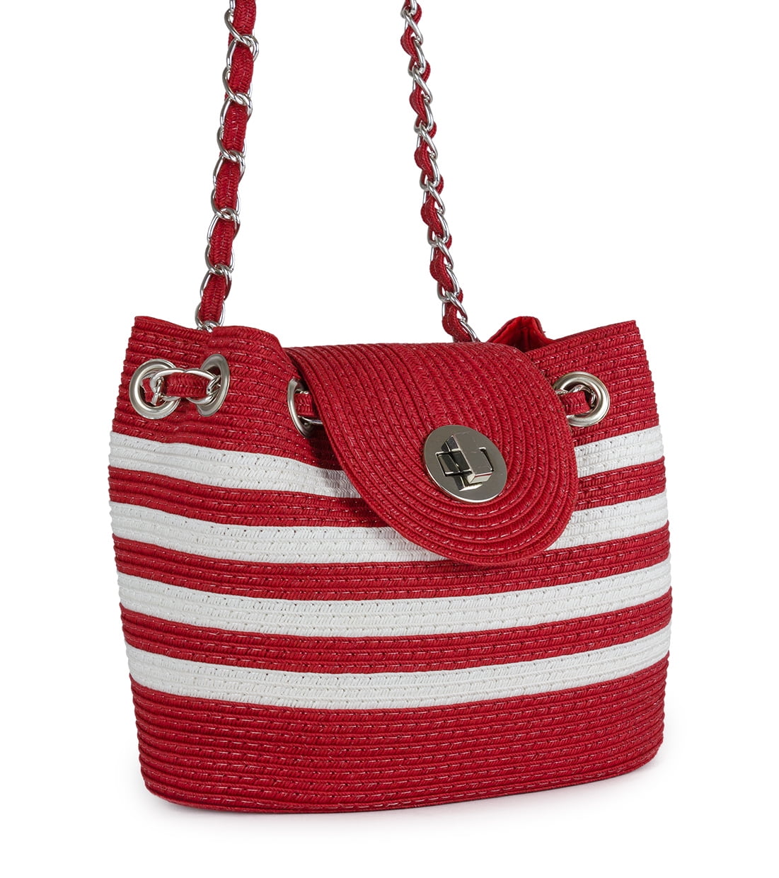 Magid Women's Striped Red and White Paper Straw Handbag with Chain Strap