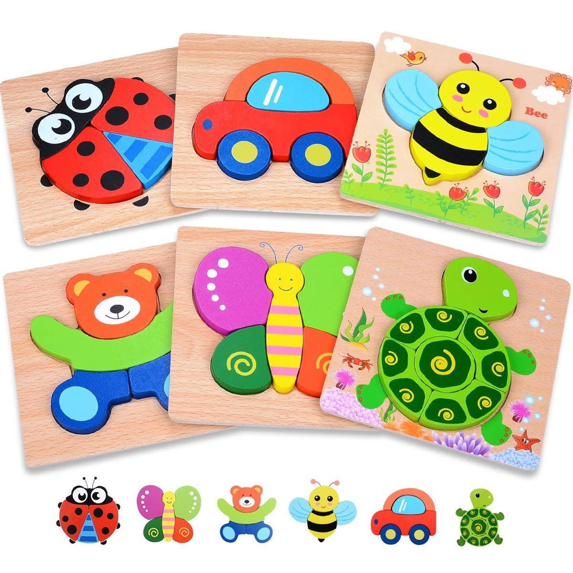 Magifire Wooden Puzzles, Set of 6 Montessori Toys for Kids Ages 114, Educational Wooden Toys with Chunky Pieces and Storage Bag - Ladybug, Car, Bee, Bear, Butterfly, Turtle