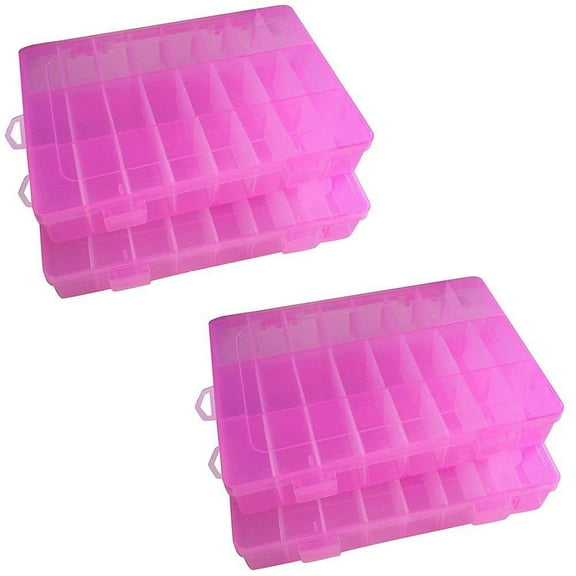 Magik 2-4 Pack Plastic Storage Case Box Jewelry Earring DIY Making Tool Containers 24 Grids Removable Dividers (24 Compartments) (4 Pack, Pink)