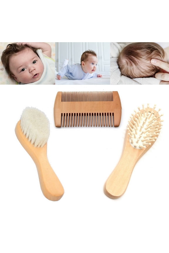3 Pack Wooden Baby Hair Brush Comb Set Newborn Toddler Bristles Massage Scalp