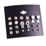MAGIK 6~12 Pairs Fashion Rhinestone Crystal Pearl Earrings Set Women Ear Stud Jewelry (Heart 12 Pairs Silver)