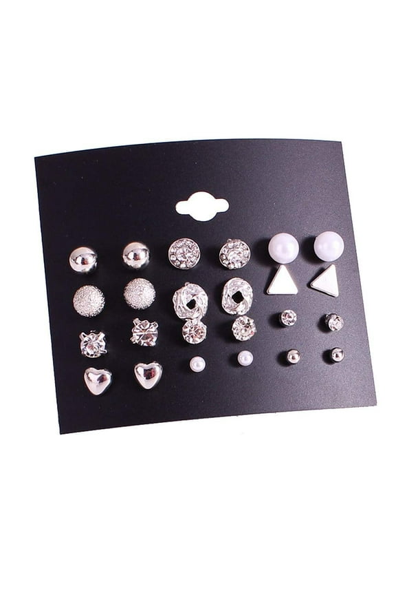 Magik 6~12 Pairs Fashion Rhinestone Crystal Pearl Earrings Set Women Ear Stud Jewelry (Heart 12 Pairs Silver)
