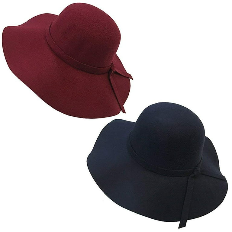 Magik Vintage Women Ladies Wide Brim Floppy Warm Wool Blend Felt Hat Trilby Bowler Cap (2 Pack Black+Burgundy)