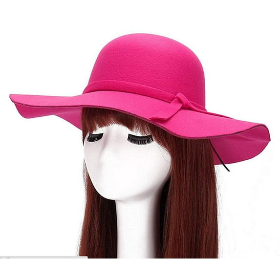 Magik Vintage Women Ladies Wide Brim Floppy Warm Wool Blend Felt Hat Trilby Bowler Cap (Hot Pink)