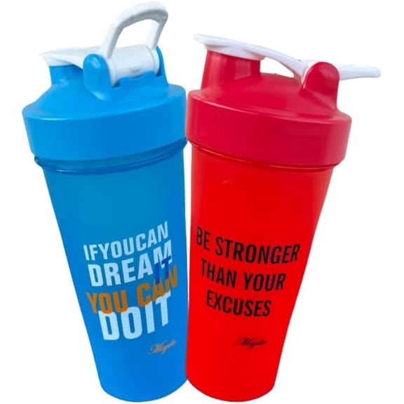 Magiko Motivational Protein Shaker, 2-Pack 28oz Nutrition Water Bottle, Red/Blue