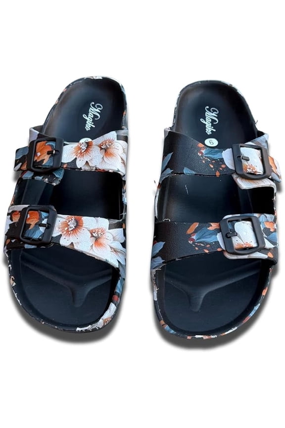 Slides Sandals for Women/Men, Adjustable Double Buckle EVA Flip-Flops Pillow Slippers, Floral Black-2 , Size 10