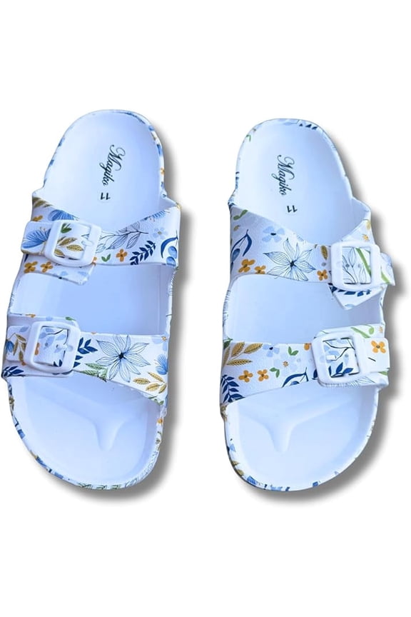 Slides Sandals for Women/Men, Adjustable Double Buckle EVA Flip-Flops Pillow Slippers, Floral White-2 , Size 8