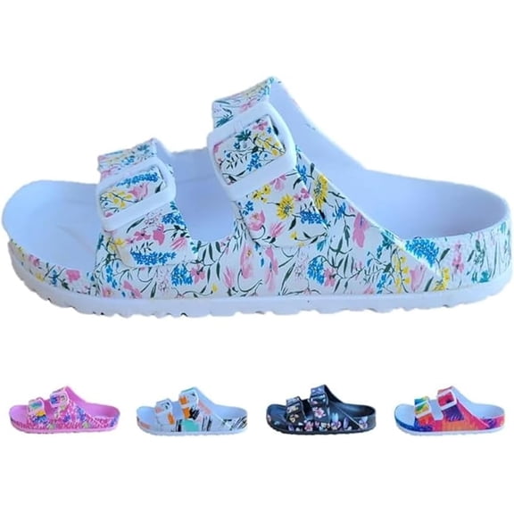 Magiko Women's Adjustable Slide Open Toe Sandals, Floral White, 11