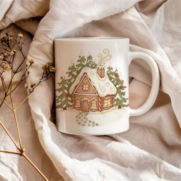 Magil Gingerbread House Mug, Fesistmas Coffee Cup, Cute day Gift Her, Whimsil Winter Scene, Hot oa, Cottagre.