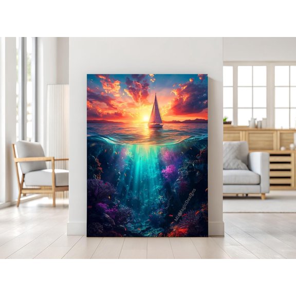 Magischer Sonnenuntergang Über Dem Meer – Traumhafte Unterwasserwelt Mit Segelboot Digitales Poster Kunst Zum Träumen In A1 A2 A3 A4 A5, Unframed Poster Size 8x12