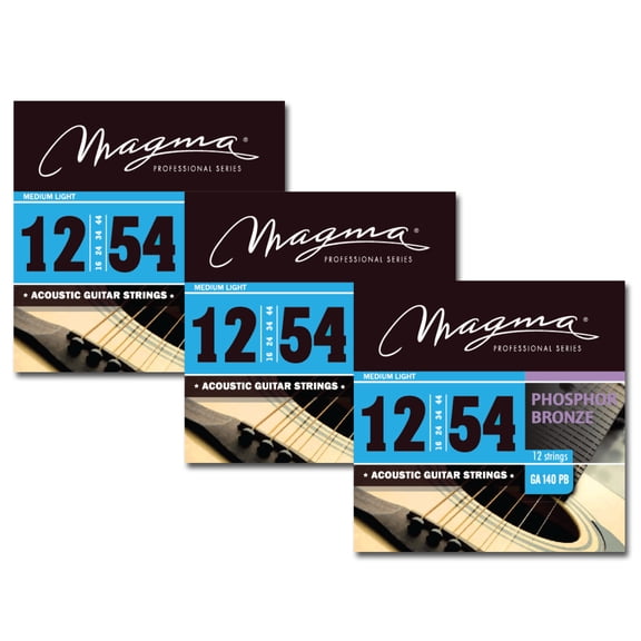 Magma Acoustic Guitar Strings Medium Light Gauge 12 Strings Phosphor Bronze Set, .012 - .054 (GA140PB12)