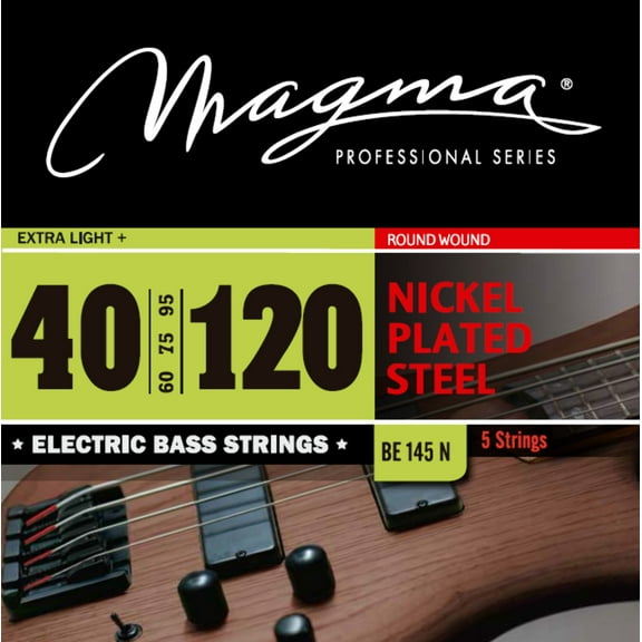 Magma Electric Bass Strings Extra Light - Nickel Plated Steel Round Wound - Long Scale 34" 5 Strings Set, .040 - .120 (BE145N)