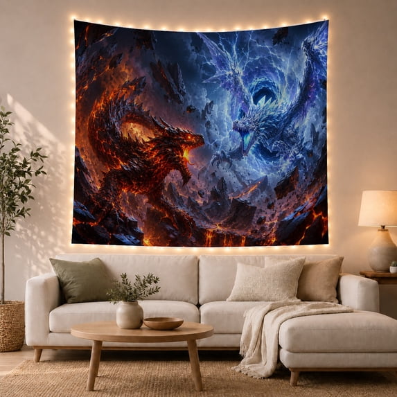 Magma and Ice Elemental Dragons Clashing in Volcanic Rock, Dramatic Fantasy for Dragon Lovers, Elemental Dragon Wall Art, Housewarming Gift, Tapestry Wall Hanging for Living Room and Bedroom
