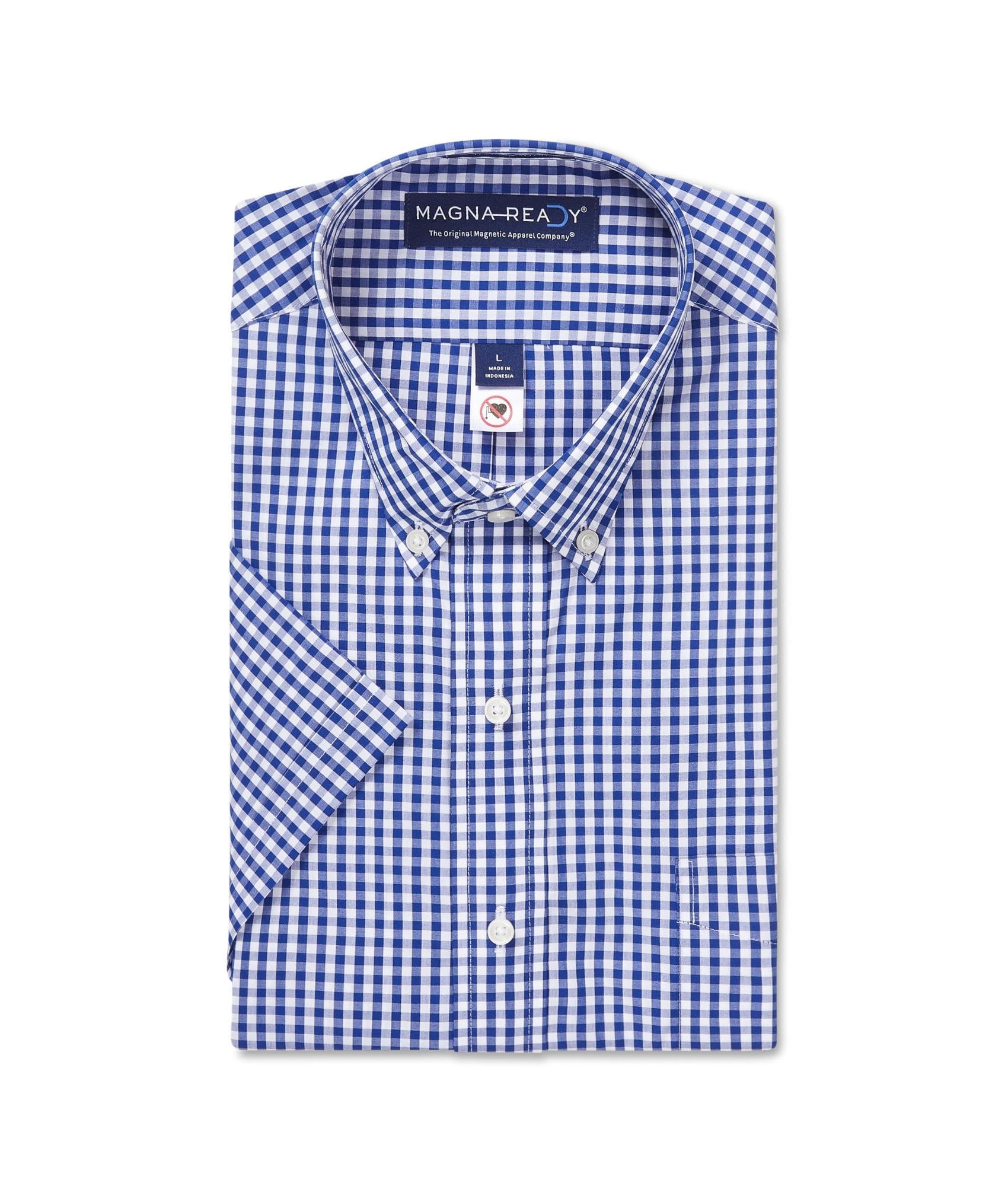 MagnaReady Mens Adaptive Short Sleeve Navy and White Classic Gingham