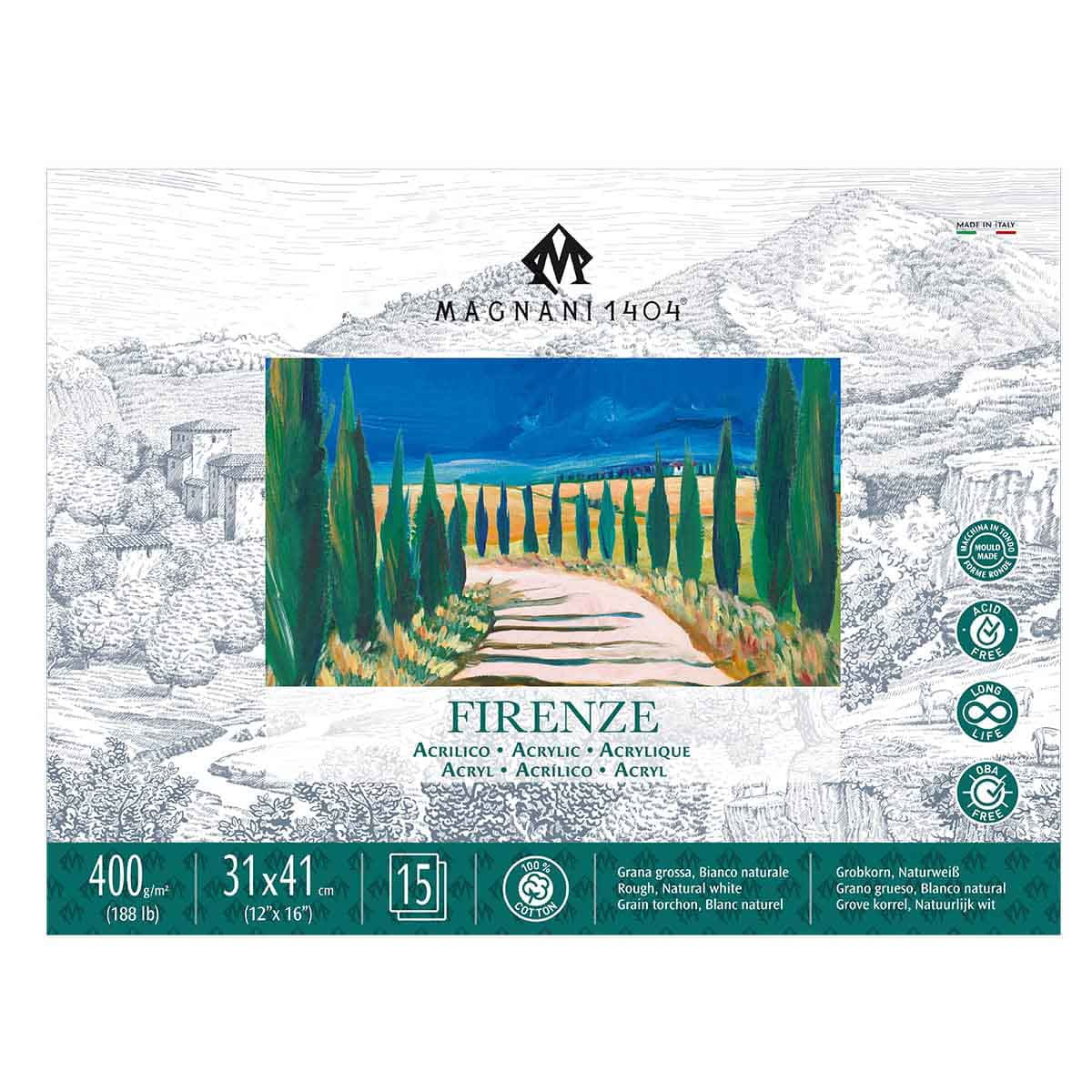 Magnani 1404 Firenze 100% Cotton Acrylic Paint Paper Pad, 188 lb. 15 Heavyweight Sheets, Rough Texture, Vegan Sizing, Natural White Acrylic Paper Pad for Acrylic, Gouache, Ink & Watercolor
