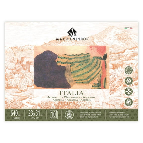 Magnani 1404 Italia Cold Press 100% Cotton Watercolor Paper Block, 10 Sheets, 12x16" inch, 300 lb, Acid-Free, UV Resistant, Vegan Sized Water Color Paper for Artists, Made in Italy