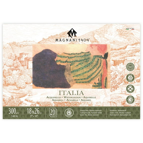 Magnani 1404 Italia Cold Press 100% Cotton Watercolor Paper Block, 20 Sheets, 7x10 inch, 140 lb, Acid-Free, UV Resistant, Vegan Sized Water Color Paper for Artists, Made in Italy
