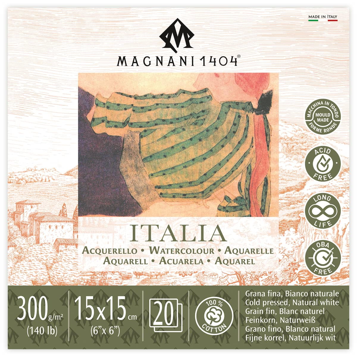 Magnani 1404 Portofino Hot Press 100% Cotton Watercolor Paper Pad, 20 Sheets, 4.5x9, 140 Lb, Acid-Free, UV Resistant, Deckled Edges, Vegan Sized Water Color Paper For Artists, Made In Italy - View #2