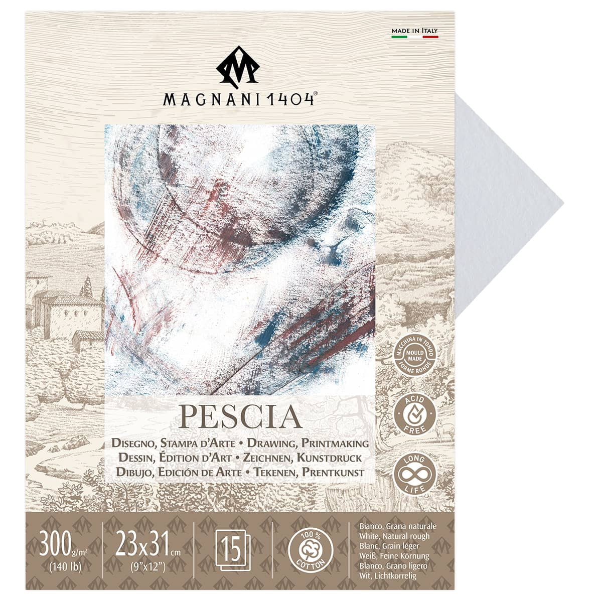 Magnani 1404 Pescia Drawing and Printmaking Paper Pad for Artists, 9x12", 15 Sheets, White, 140 lb (300gsm), Acid-Free 100% Cotton Paper for Etching, Engraving & Silkscreen, Archival Quality
