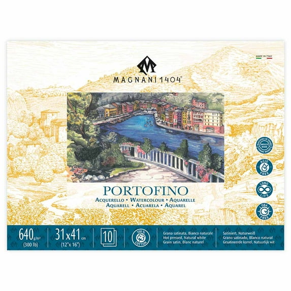 Magnani 1404 Portofino Hot Press 100% Cotton Watercolor Paper Block, 10 Sheets, 4.5x9", 300 lb, Acid-Free, UV Resistant, Vegan Sized Water Color Paper for Artists, Made in Italy