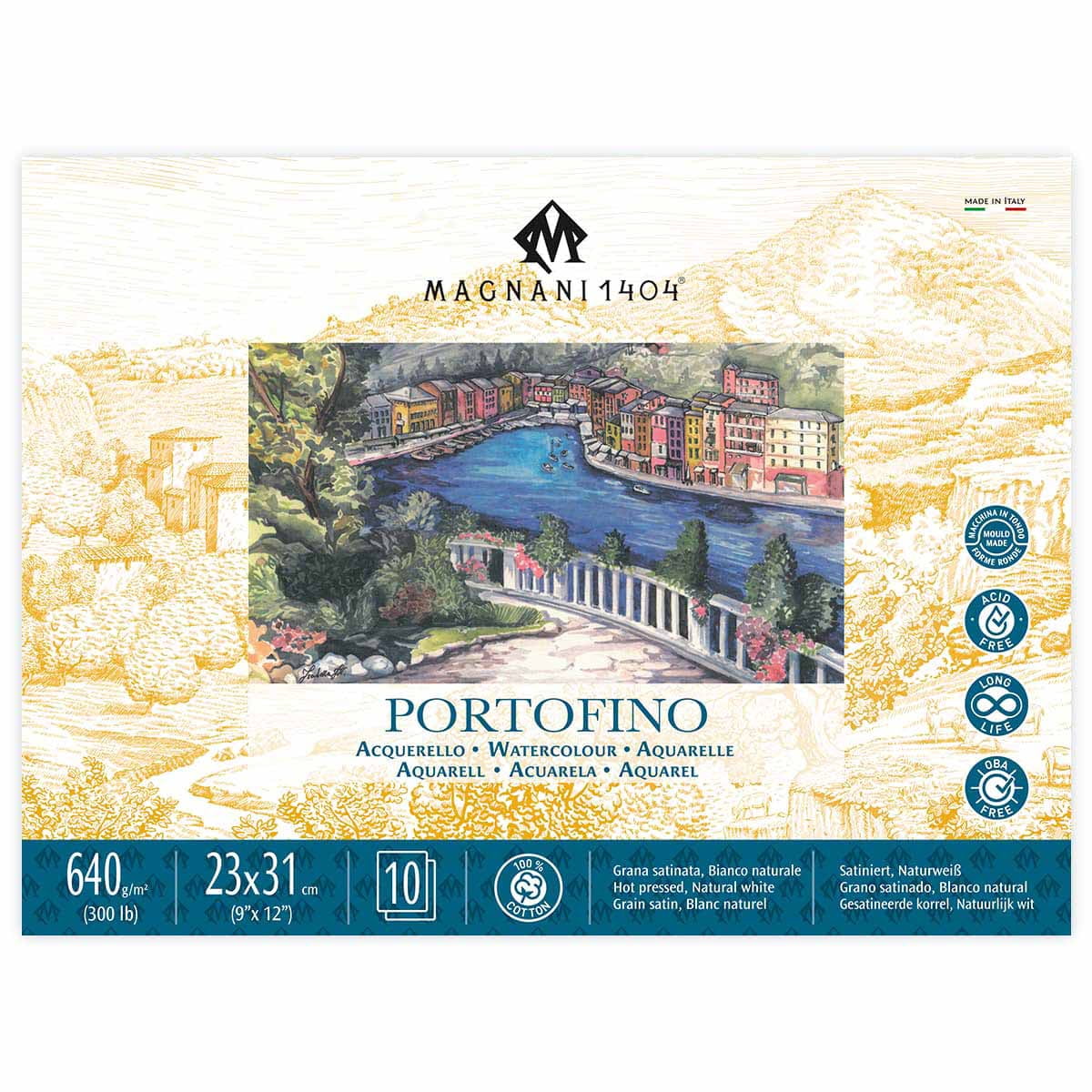 Magnani 1404 Portofino Hot Press 100% Cotton Watercolor Paper Block, 10 Sheets, 9x12", 300 lb, Acid-Free, UV Resistant, Vegan Sized Water Color Paper for Artists, Made in Italy