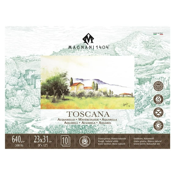 Magnani 1404 Toscana Rough 100% Cotton Watercolor Paper Block, 10 Sheets, 9x12" , 300 lb, Acid-Free, UV Resistant, Vegan Sized Water Color Paper for Artists, Made in Italy