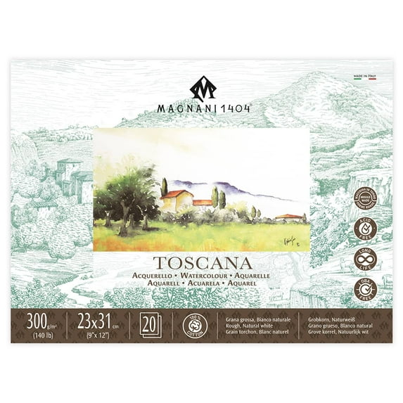 Magnani 1404 Toscana Rough 100% Cotton Watercolor Paper Block, 20 Sheets, 9x12", 140 lb, Acid-Free, UV Resistant, Vegan Sized Water Color Paper for Artists, Made in Italy