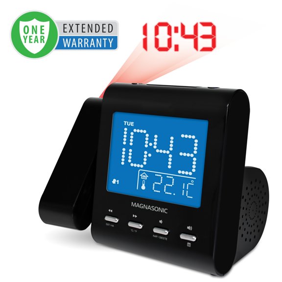 Magnasonic Projection Alarm Clock with AM/FM Radio, Battery Backup, Auto Time Set, Dual Alarm & 3.5mm Audio Input- 1 Year Extended Warranty