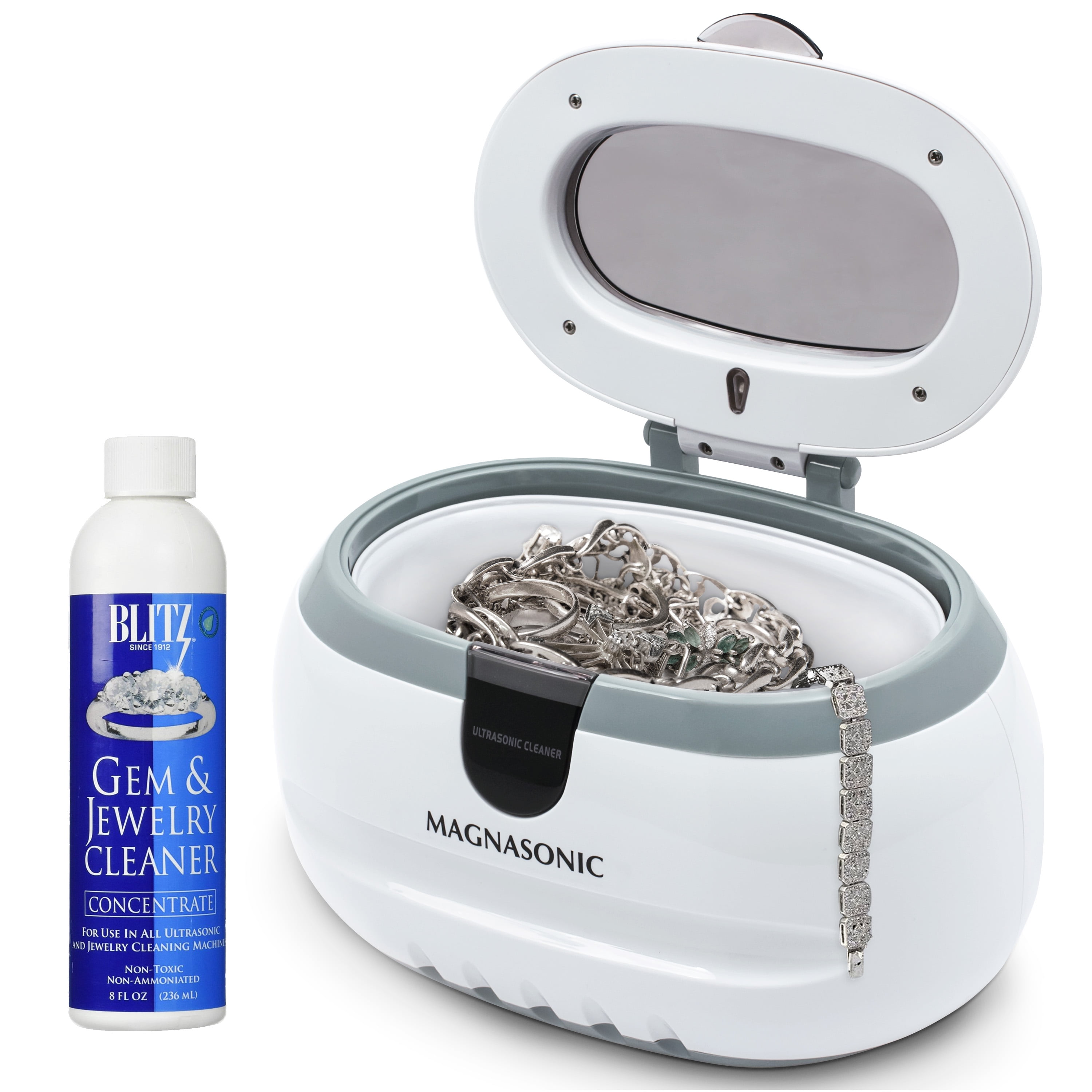 Magnasonic Professional Ultrasonic Jewelry Cleaner Machine w/ 8 Oz Gem & Jewelry Cleaner Concentrate Solution for Cleaning Eyeglasses Watches Rings Necklaces Coins Razors Combs Tools Parts